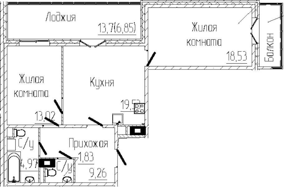 2-комнатная квартира 75.16 м², 6/8 эт., ЖК «SERTOLOVO PARK»